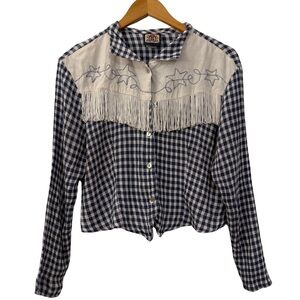 Vintage Rough Rider Western Fringe Shirt Blue Gingham Star Top Women’s XL
